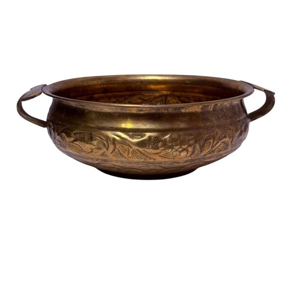 Hammered Metal Bowl with handles 8.75" Round Boho Rustic Decor Brass Tone - Picture 3 of 15